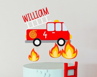 Personalised Fire Engine Themed Truck Custom Birthday Cake Topper with Optional Fire Flames | Acrylic Laser Cut