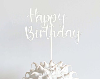 Happy Birthday Cake Topper Matte White Acrylic Laser Cut