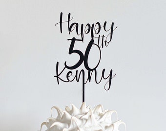 Personalised Happy Birthday 50th Custom Cake Topper Matte Black Acrylic Laser Cut