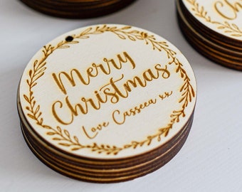 Personalised Christmas Gift Tag with Wreath Design | Engraved Poplar Plywood