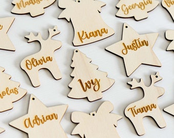 Personalised Assorted Wooden Christmas Gift Tags - Set of 4 (Christmas Tree, Reindeer, Star & Bell) - Laser Engraved