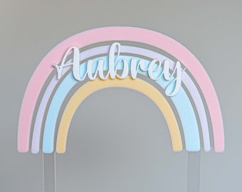 Personalised Rainbow Themed Birthday Baby Shower Cake Topper in Pastel Colours | Acrylic Laser Cut