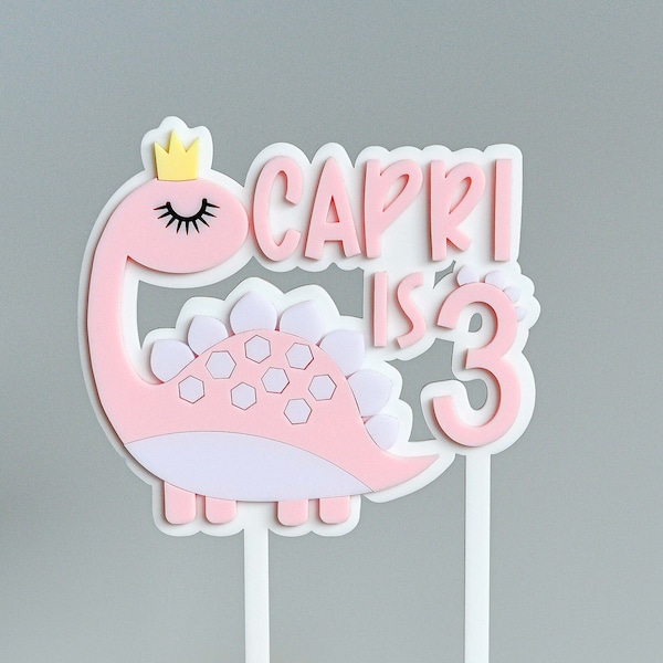 Topper per torta di compleanno personalizzato a tema dinosauro rosa per bambina / acrilico tagliato al laser
