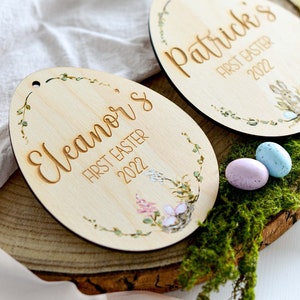 Personalised Original Hand Painted Baby's First Easter Wooden Keepsake Easter Rabbit Bunny & Easter Eggs image 2