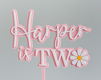Personalised Daisy Second Birthday Girl Custom Cake Topper in Double Layered Acrylic, Laser Cut
