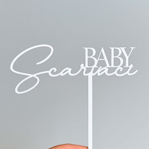 Personalised Baby Shower Cake Topper with Custom Surname, Acrylic, Laser Cut White