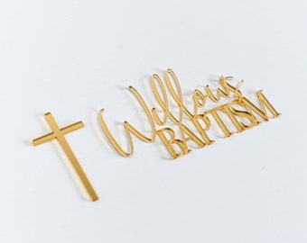 Personalised Baptism Cake Topper Fropper with Custom Name and Cross, Acrylic, Laser Cut