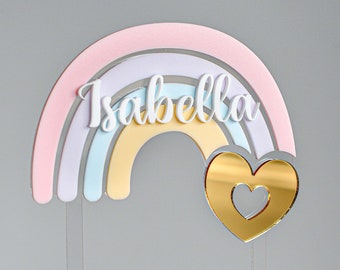 Personalised Rainbow Love Heart Themed Birthday Baby Shower Cake Topper in Pastel Colours | Acrylic Laser Cut