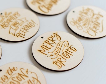 Wooden Christmas Gift Tags or Table Place Card Set with Engraved Christmas Designs  | Engraved Poplar Plywood | Set of 6