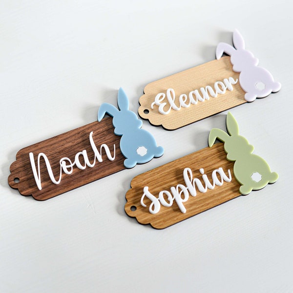 Personalised Easter Rabbit Bunny Wooden Tag, Basket Name Tag, Gift Basket Tag, Wood & Matte Acrylic Bunny and Custom Name