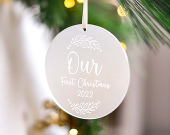 Our First Christmas Together Tree Ornament with Satin Ribbon | Engraved Frosted Acrylic