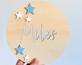 Round Name Kids Personalised Sign Plaque | Baby Nursery | Kids Bedroom | Birthday Decoration | Wooden Board with Acrylic Stars | Laser Cut
