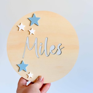 Round Name Kids Personalised Sign Plaque Baby Nursery Kids Bedroom Birthday Decoration Wooden Board with Acrylic Stars Laser Cut image 1