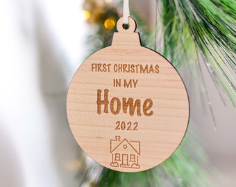 First Christmas in New Home Tree Wooden Ornament 2022 with Satin Ribbon | Engraved Wood