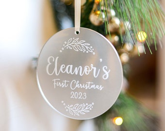 Personalised Baby's First Christmas Tree Ornament 2023 with Satin Ribbon | Engraved Frosted Acrylic
