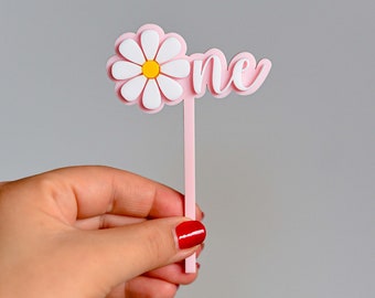 Daisy primer cumpleaños niña Cupcake Topper en acrílico de doble capa, corte láser, topper de pastel de taza