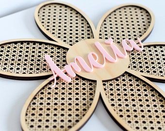 Personalised Rattan Daisy Name Sign | Baby Nursery | Girls Bedroom | Nursery Decor | Daisy Flower | Wooden Daisy with Acrylic Name