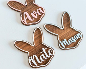 Personalised Easter Rabbit Bunny Wooden Acrylic Gift Basket Name Tag