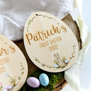 Personalised Original Hand Painted Baby's First Easter Wooden Keepsake Easter Rabbit Bunny & Easter Eggs image 3
