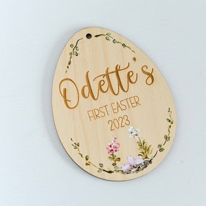 Personalised Original Hand Painted Baby's First Easter Wooden Keepsake Easter Rabbit Bunny & Easter Eggs image 1