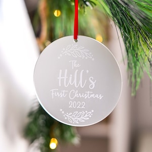 Personalised Family or Married Couple First Christmas Tree Ornament with Satin Ribbon | Engraved Frosted Acrylic