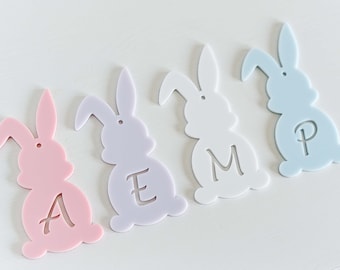 Personalised Easter Rabbit Bunny Acrylic Gift Basket Custom Initial Tag