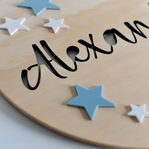 Round Name Kids Personalised Sign Plaque Baby Nursery Kids Bedroom Birthday Decoration Wooden Board with Acrylic Stars Laser Cut image 6