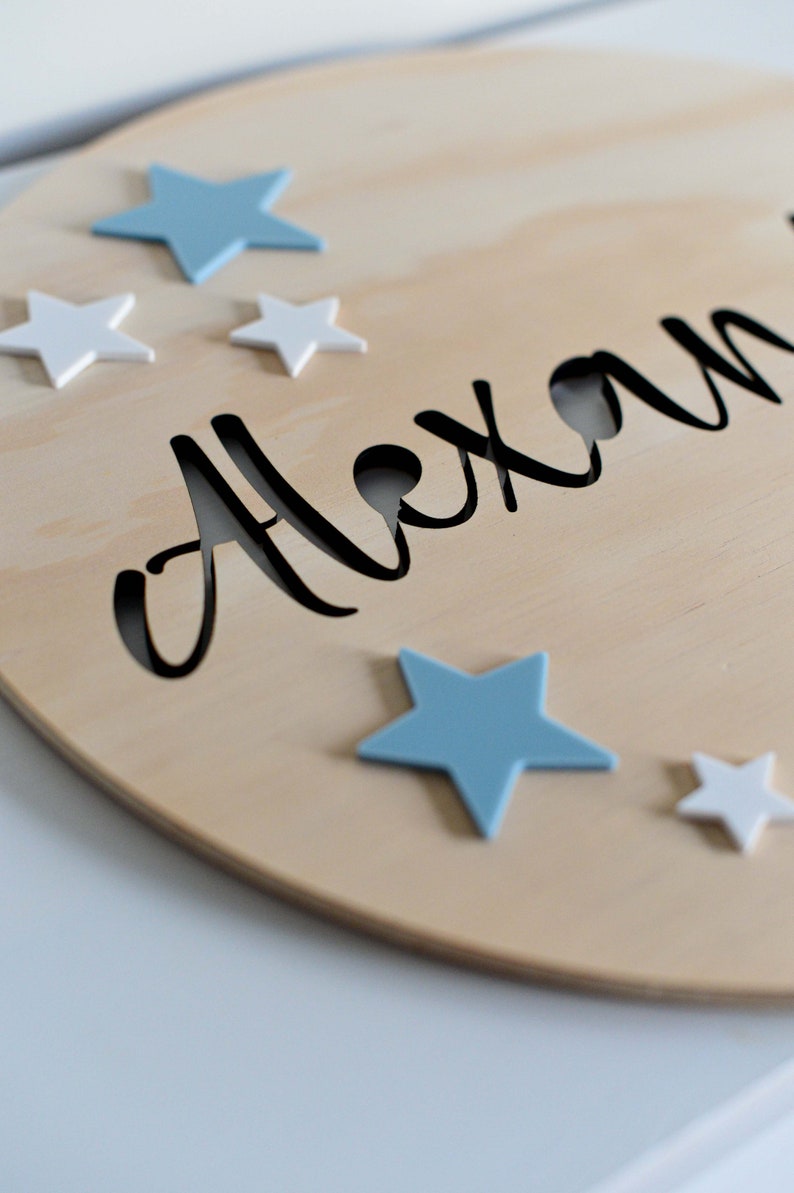 Round Name Kids Personalised Sign Plaque Baby Nursery Kids Bedroom Birthday Decoration Wooden Board with Acrylic Stars Laser Cut image 6
