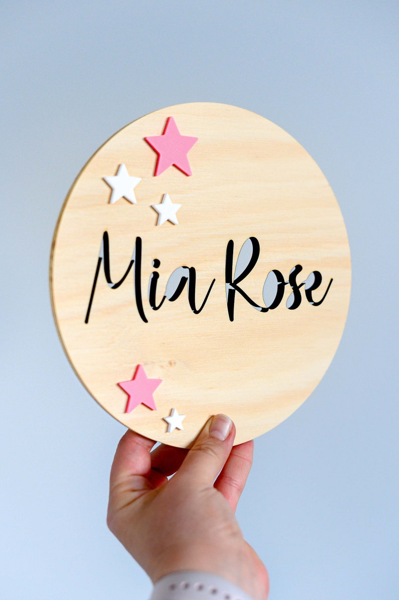 Round Name Kids Personalised Sign Plaque Baby Nursery Kids Bedroom Birthday Decoration Wooden Board with Acrylic Stars Laser Cut image 3
