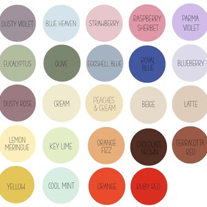 May include: A chart of 20 paint color swatches with names like Dusty Violet, Blue Heaven, Strawberry, Raspberry Sherbet, Parma Violet, Eucalyptus, Olive, Eggshell Blue, Royal Blue, Blueberry, Dusty Rose, Cream, Peaches & Cream, Beige, Latte, Lemon Meringue, Key Lime, Orange Fizz, Chocolate Brown, Terracotta Red, Yellow, Cool Mint, Orange, and Ruby Red.