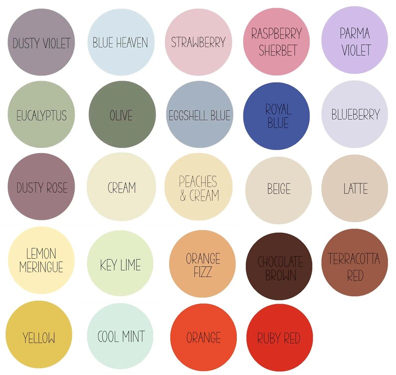 May include: A chart of 20 paint color swatches with names like Dusty Violet, Blue Heaven, Strawberry, Raspberry Sherbet, Parma Violet, Eucalyptus, Olive, Eggshell Blue, Royal Blue, Blueberry, Dusty Rose, Cream, Peaches & Cream, Beige, Latte, Lemon Meringue, Key Lime, Orange Fizz, Chocolate Brown, Terracotta Red, Yellow, Cool Mint, Orange, and Ruby Red.