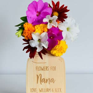 Personalised Flower Holder Vase Wooden Mother's Day Christmas Gift for Mum or Grandma with Optional Stand Laser Cut & Engraved image 2