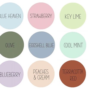 May include: A collection of 15 color swatches in circular shapes, each with a different color name in a handwritten style font. Colors include Dusty Violet, Blue Heaven, Strawberry, Key Lime, Parma Violet, Eucalyptus, Olive, Eggshell Blue, Cool Mint, Raspberry Sherbet, Dusty Rose, Blueberry, Peaches & Cream, Terracotta Red, and Ruby Red.