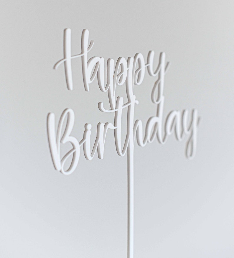 Happy Birthday Cake Topper Matte White Acrylic Laser Cut zdjęcie 3