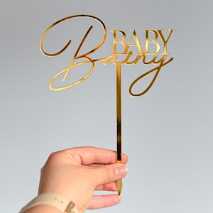 Personalised Baby Shower Cake Topper with Custom Surname, Acrylic, Laser Cut Gold Mirror