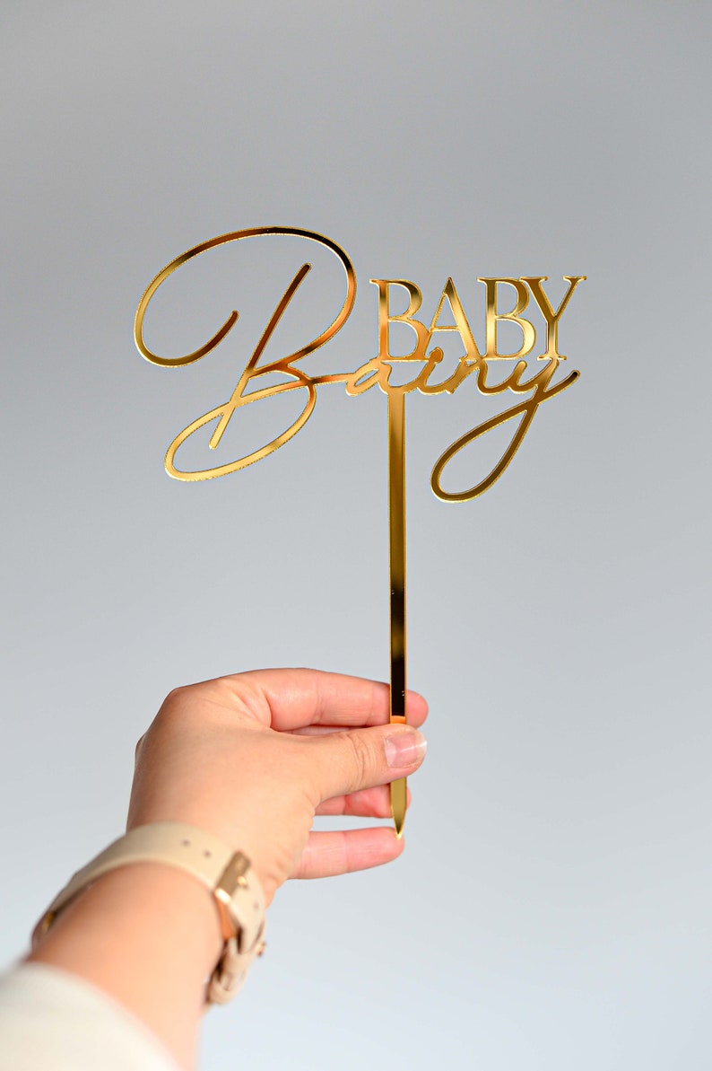 Personalised Baby Shower Cake Topper with Custom Surname, Acrylic, Laser Cut Gold Mirror