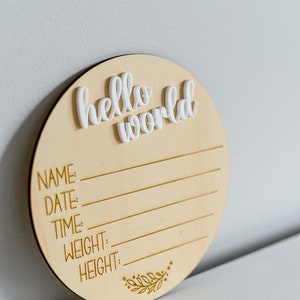 Wooden Birth Announcement Plaque Hello World Matte White Acrylic image 3