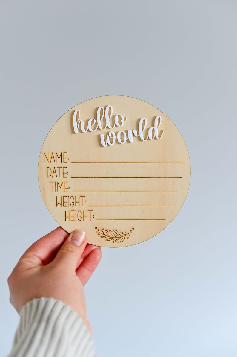 Wooden Birth Announcement Plaque Hello World Matte White Acrylic image 1