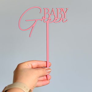 Personalised Baby Shower Cake Topper with Custom Surname, Acrylic, Laser Cut Raspberry Sherbet