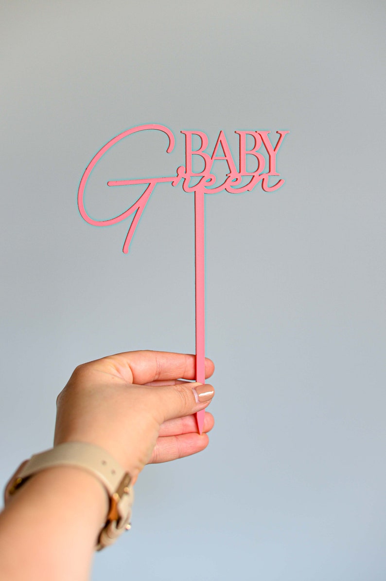 Personalised Baby Shower Cake Topper with Custom Surname, Acrylic, Laser Cut Raspberry Sherbet