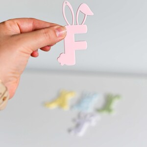 May include: Pink bunny-shaped letter F cutout. The letter is held in a hand with other bunny-shaped letters in the background.