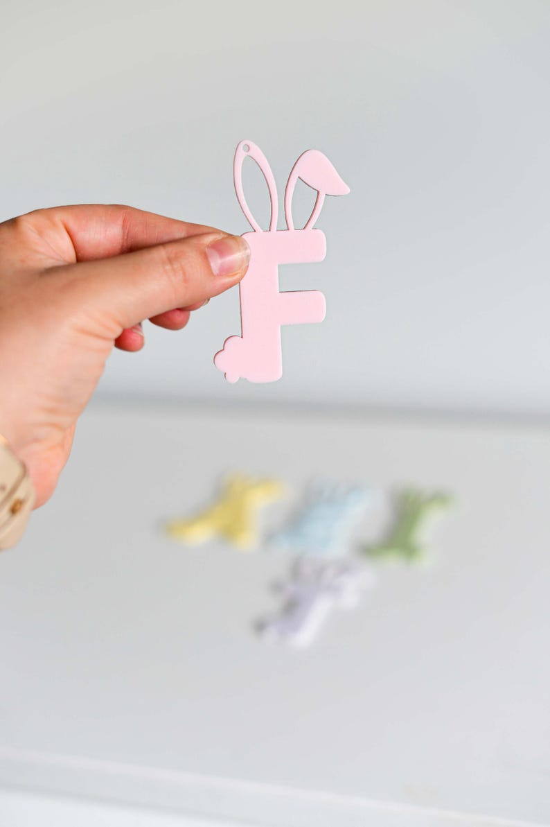 May include: Pink bunny-shaped letter F cutout. The letter is held in a hand with other bunny-shaped letters in the background.