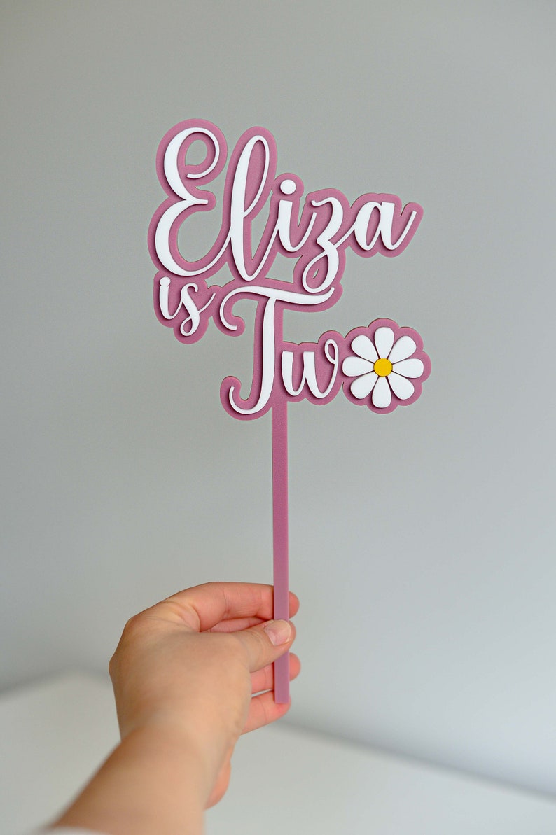 Personalised Daisy Second Birthday Girl Custom Cake Topper in Double Layered Acrylic, Laser Cut image 3