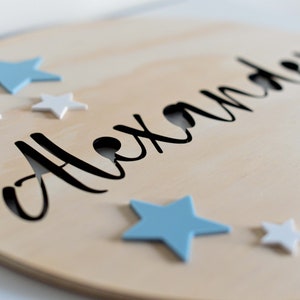 Round Name Kids Personalised Sign Plaque Baby Nursery Kids Bedroom Birthday Decoration Wooden Board with Acrylic Stars Laser Cut image 2