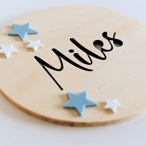 Round Name Kids Personalised Sign Plaque Baby Nursery Kids Bedroom Birthday Decoration Wooden Board with Acrylic Stars Laser Cut image 4
