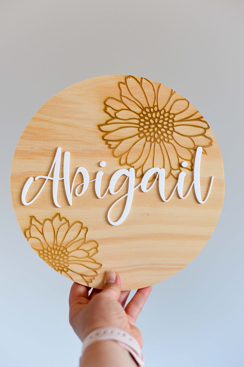 Personalised Girl Name Sign with Name Meaning Baby Nursery Girls Bedroom Nursery Decor Daisy Flower Wooden Board with Acrylic zdjęcie 7