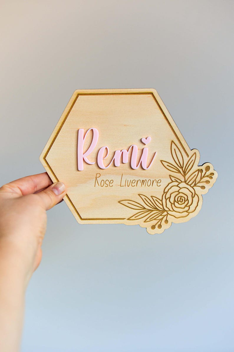 Personalised Rose Floral Wooden Birth Plaque With Custom Baby Name ...