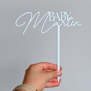 Personalised Baby Shower Cake Topper with Custom Surname, Acrylic, Laser Cut Blue Heaven