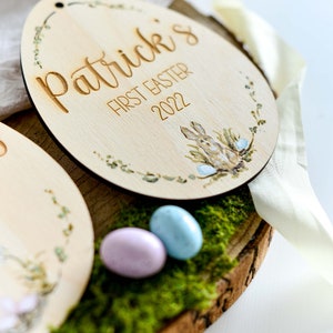 Personalised Original Hand Painted Baby's First Easter Wooden Keepsake Easter Rabbit Bunny & Easter Eggs image 5