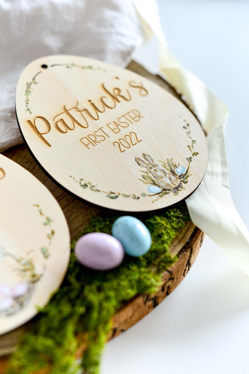 Personalised Original Hand Painted Baby's First Easter Wooden Keepsake Easter Rabbit Bunny & Easter Eggs image 5